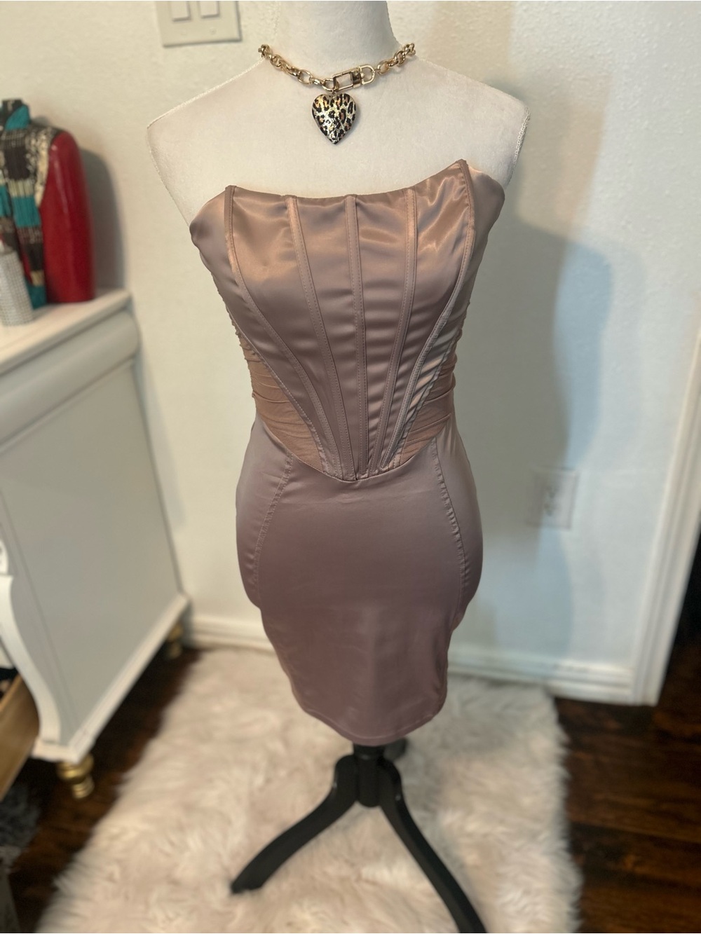 Strapless Mauve Satin Corset Bodycon Dress